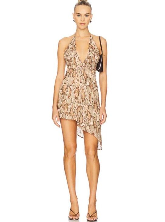 AFRM Dresses & Skirts - AFRM Taupe Snake-Print Halter Asymmetric Mini Dress Sabrina Dress in Sand SnakeA